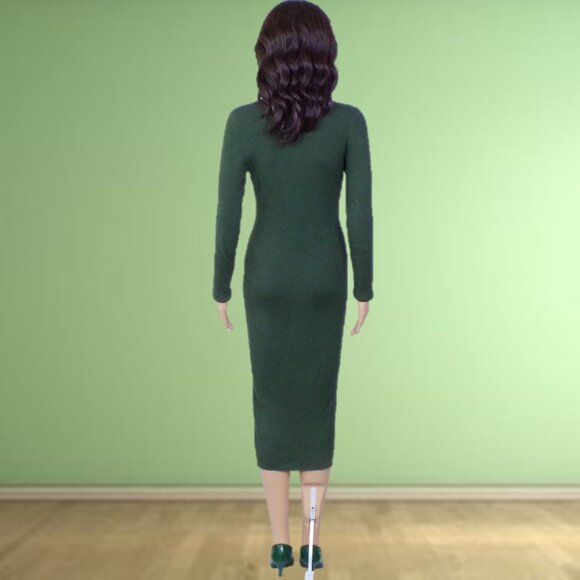 ROCOROSE size M forest-green knit bodycon long-sleeve turtleneck midi dress - Picture 5 of 13